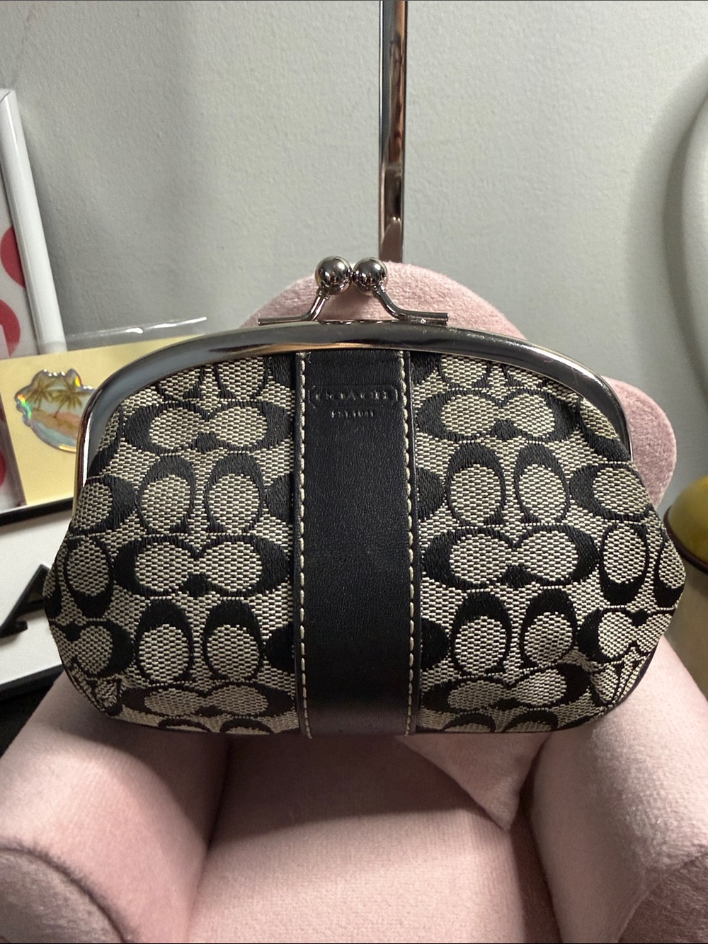 Coach Signature Canvas Kiss-Lock Clutch in Black and Cream - Picture 2 of 9
